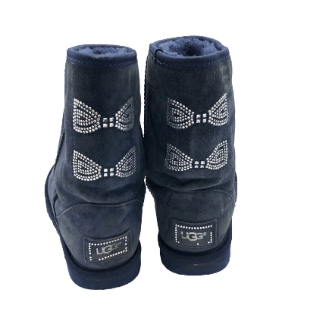 UGG Classic Short Crystal Bow Boots Blue Swarovski Pull On Shearling Suede Lined